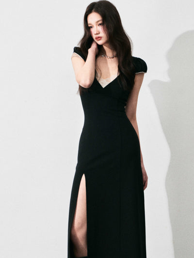 V-neck Lace Patchwork Slit Dress LUL0135