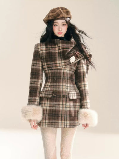 Plaid WoolenSlim Mid-Length Coat DIA0283