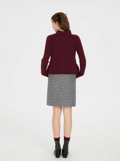 Wine red slim cable knit cardigan & polo knit short sleeve top BOH0074