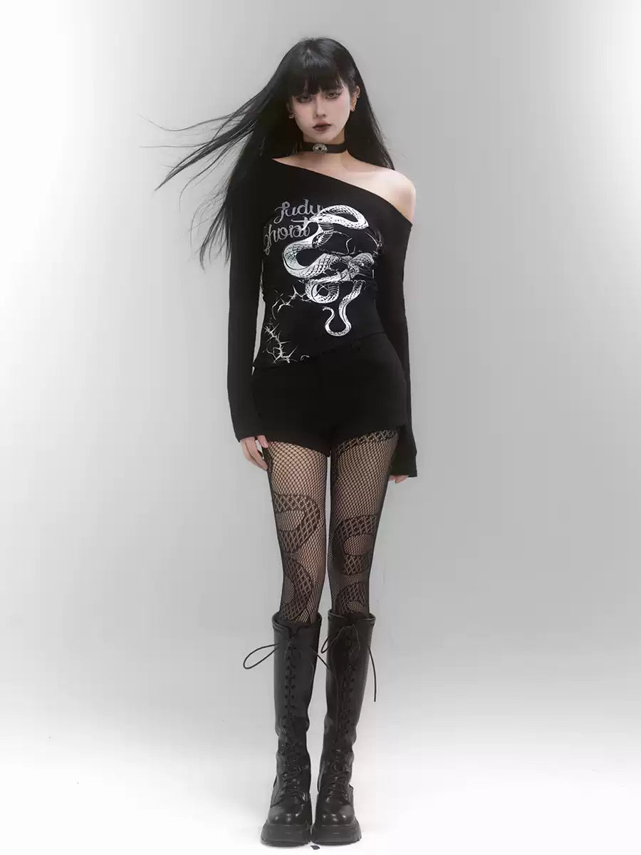 Snake Print One Shoulder T-shirt LAD0159