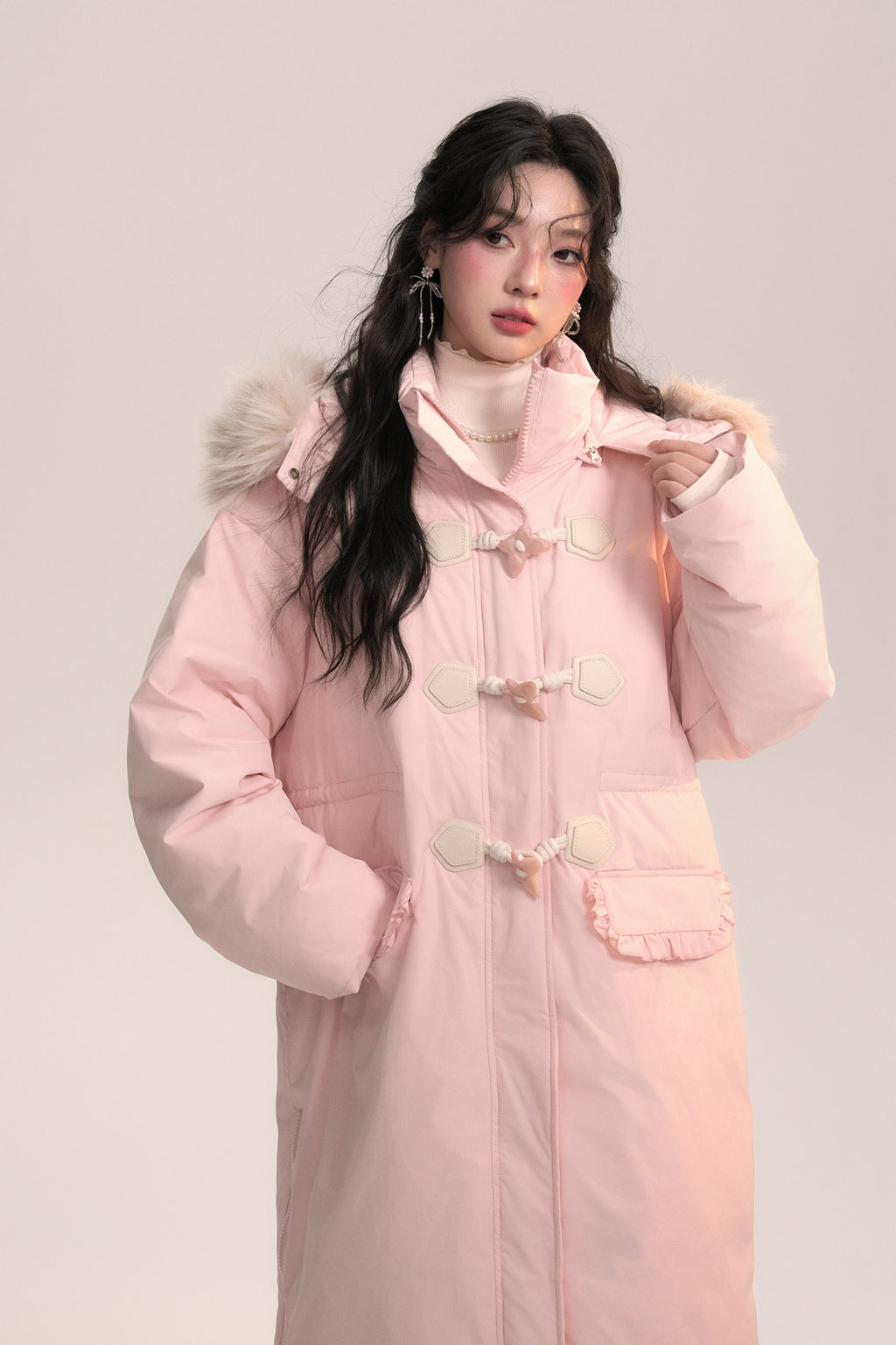 Bow-knot Fur Collar Lace Pocket Long Coat AOO0045