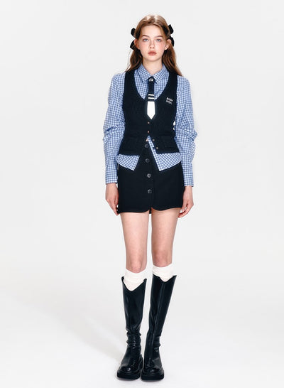 Blue Plaid Waist Shirt/Decorative Button Skirt/Vest BOH0060