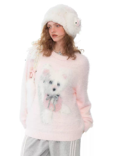 Ribbon Plush Dog Design Mohair Knit Top ZIZ0210