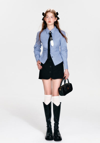 Blue Plaid Waist Shirt/Decorative Button Skirt/Vest BOH0060