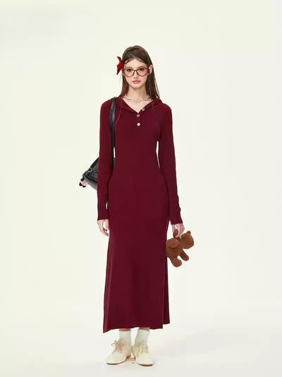 Henry Collar Waist Lazy Casual Knitted Long Dress GIF0071