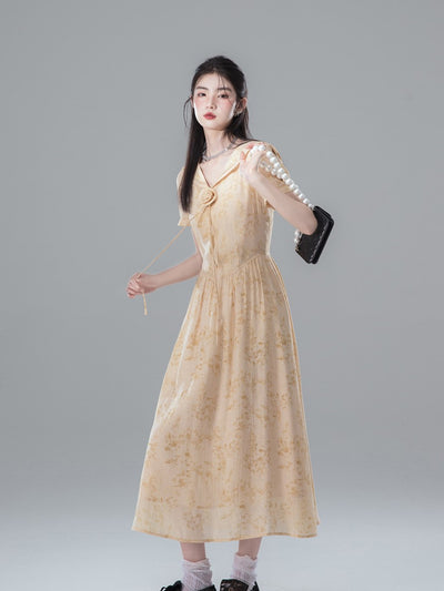 Fallen Leaves Apricot Yellow Atmosphere Short-sleeved Dress COT0133