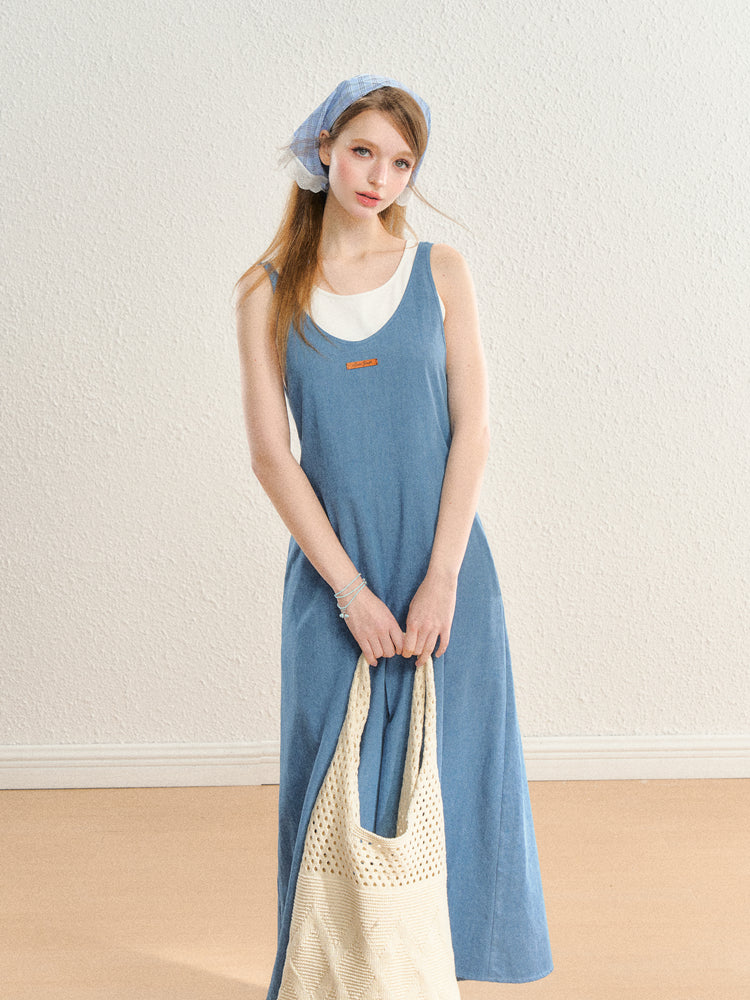 Center Pleats Design Denim Blue Long Dress SPE0061