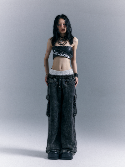 Street Punk Washed 3D Pocket Double Waist Wide Leg Sweatpants FRU0065