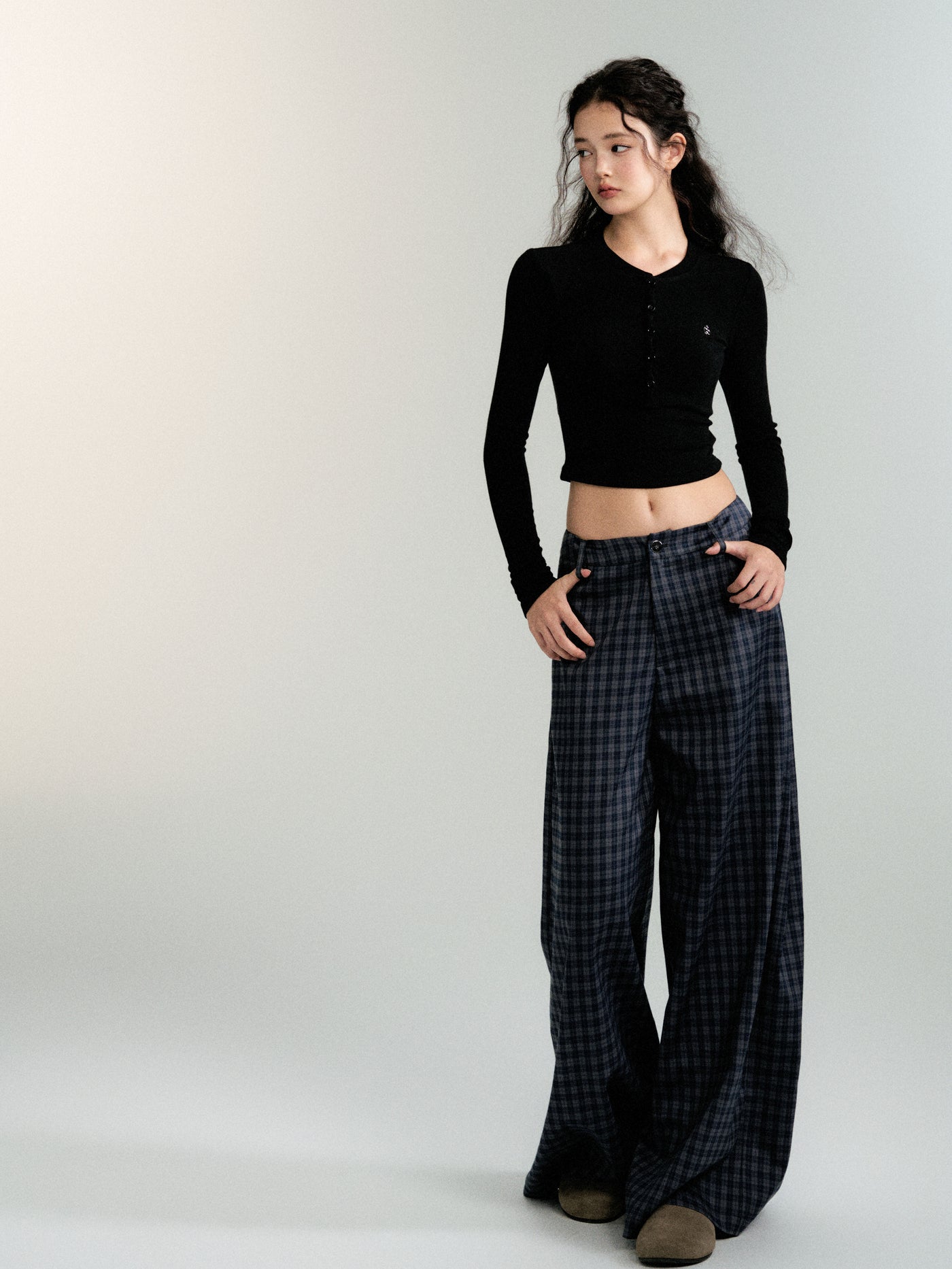 Checked wide-leg casual straight pants LUL0090