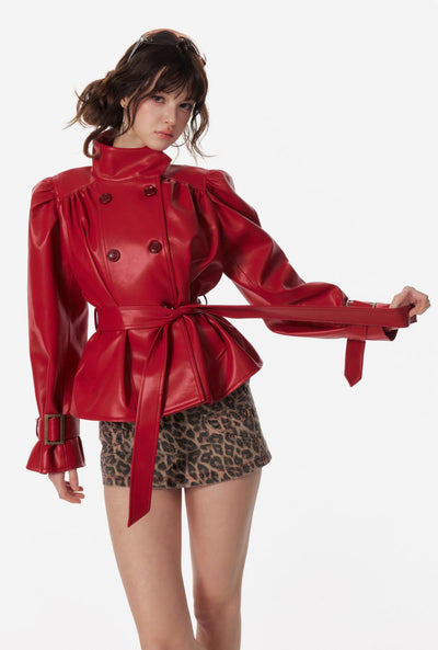 Pleated Stand Collar Red Leather Jacket 4MU0092