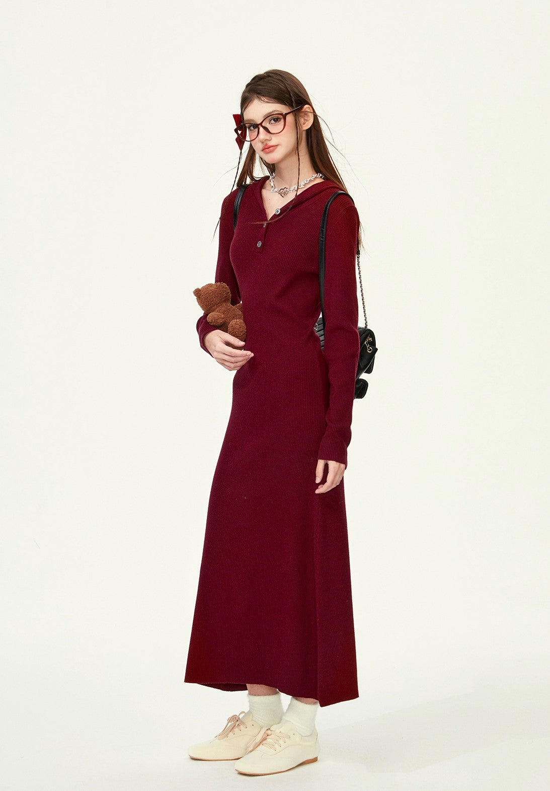 Henry Collar Waist Lazy Casual Knitted Long Dress GIF0071