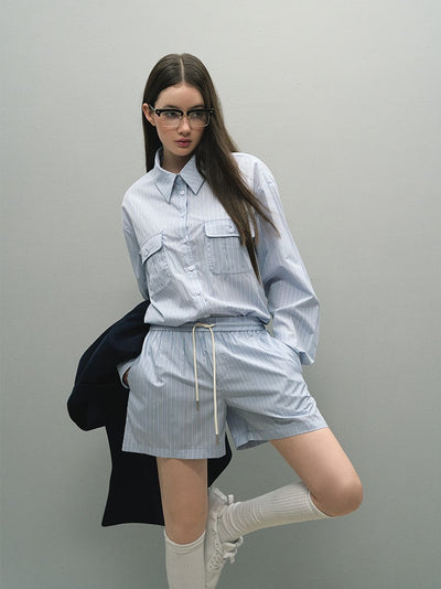 Lazy Striped Long-sleeved Simple Casual Shirt/Mid-waist Shorts LAL0043