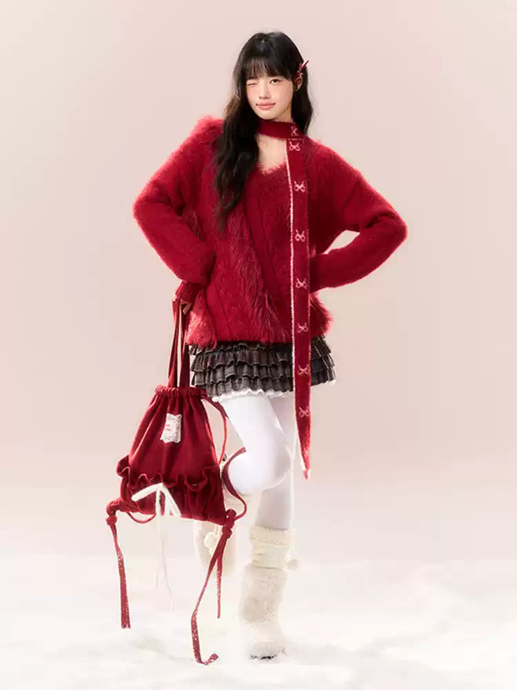 Red Bow Design V-Neck Cable Knit NTO0166