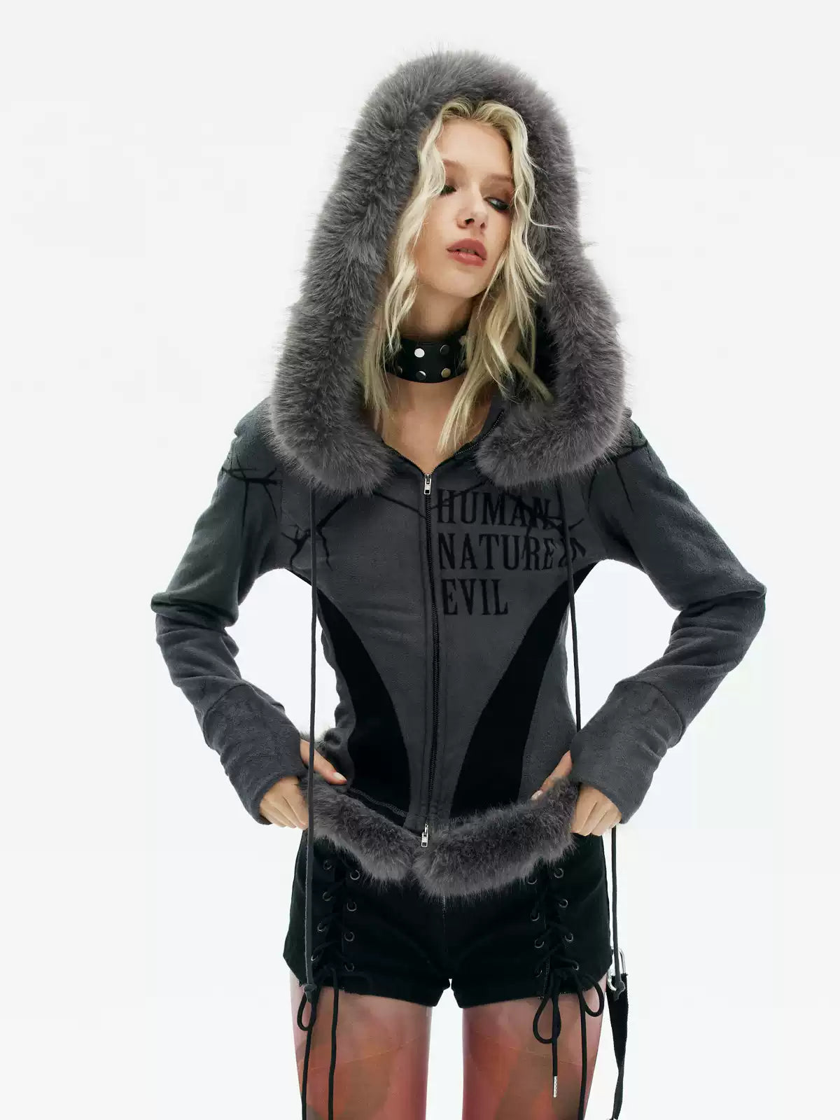 Fleece Zipper Slim Warm Fur Hooded Street Jacket EMO0038