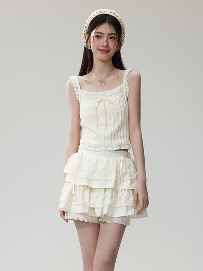 Ruffle Strap Girly Sleeveless Top & Lace Layered Mini Skirt NTO0071
