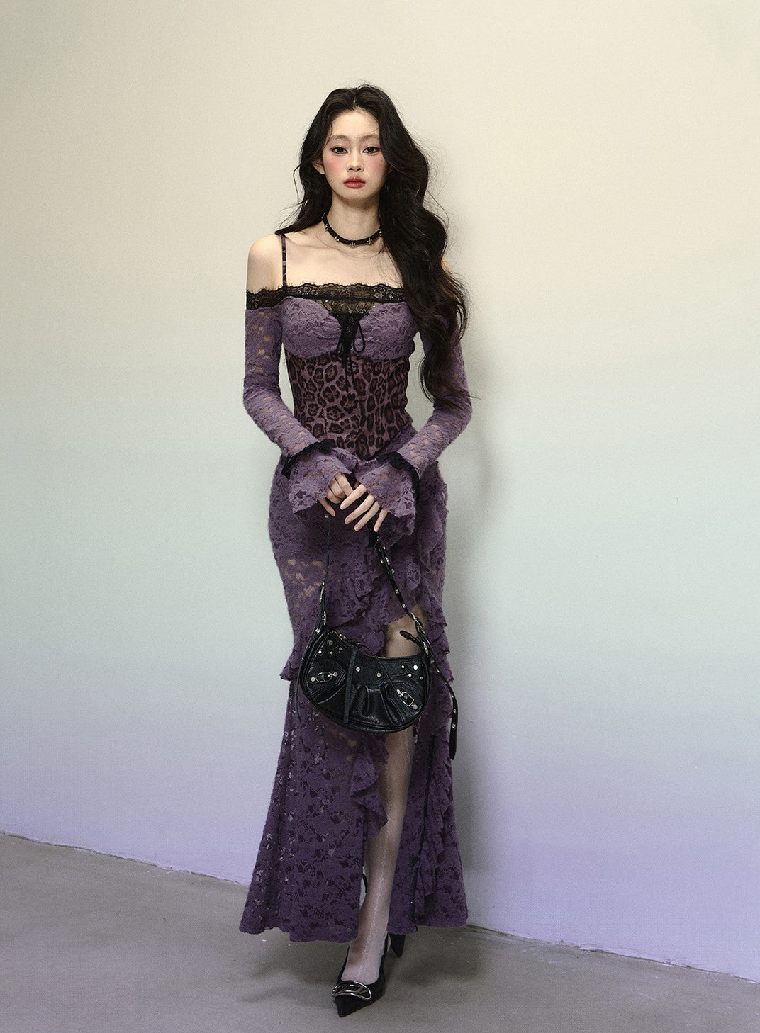 Purple Lace Leopard Print Long Dress DIA0316