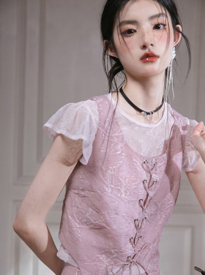 Powder Cream Cloud Spring Small Flying Sleeves Top/Vest/Skirt COT0124