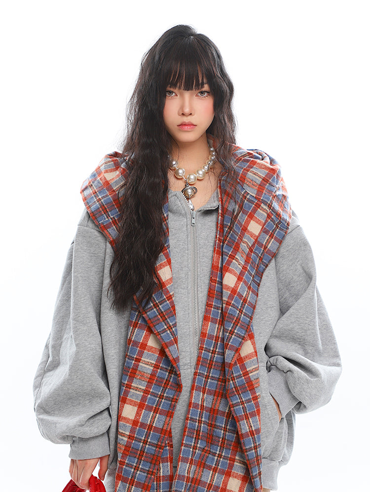 American Retro Fake Two-piece Plaid Hoodie UNC0209