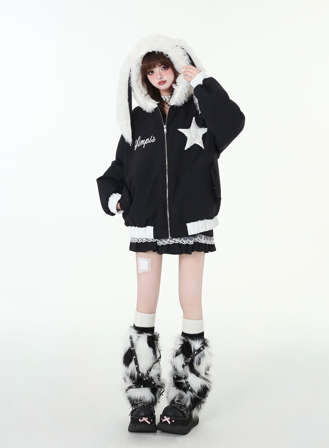 Star Design Loose Zip Monotone Jacket with Rabbit Ears Hood CRA0097