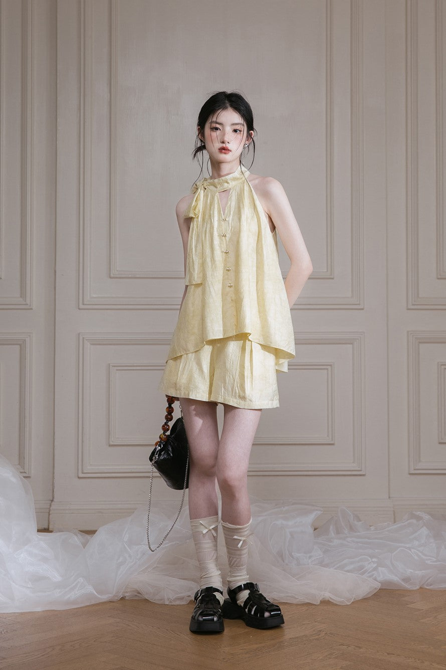 Light Yellow Halter Neck Shirt/Shorts COT0126