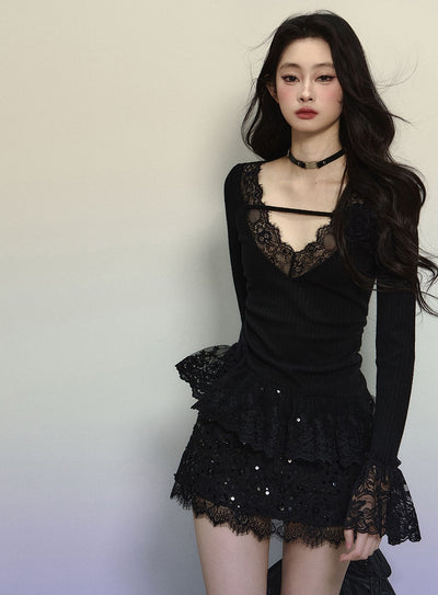 Ruffled Lace Long Sleeve Slim Sweater DIA0311