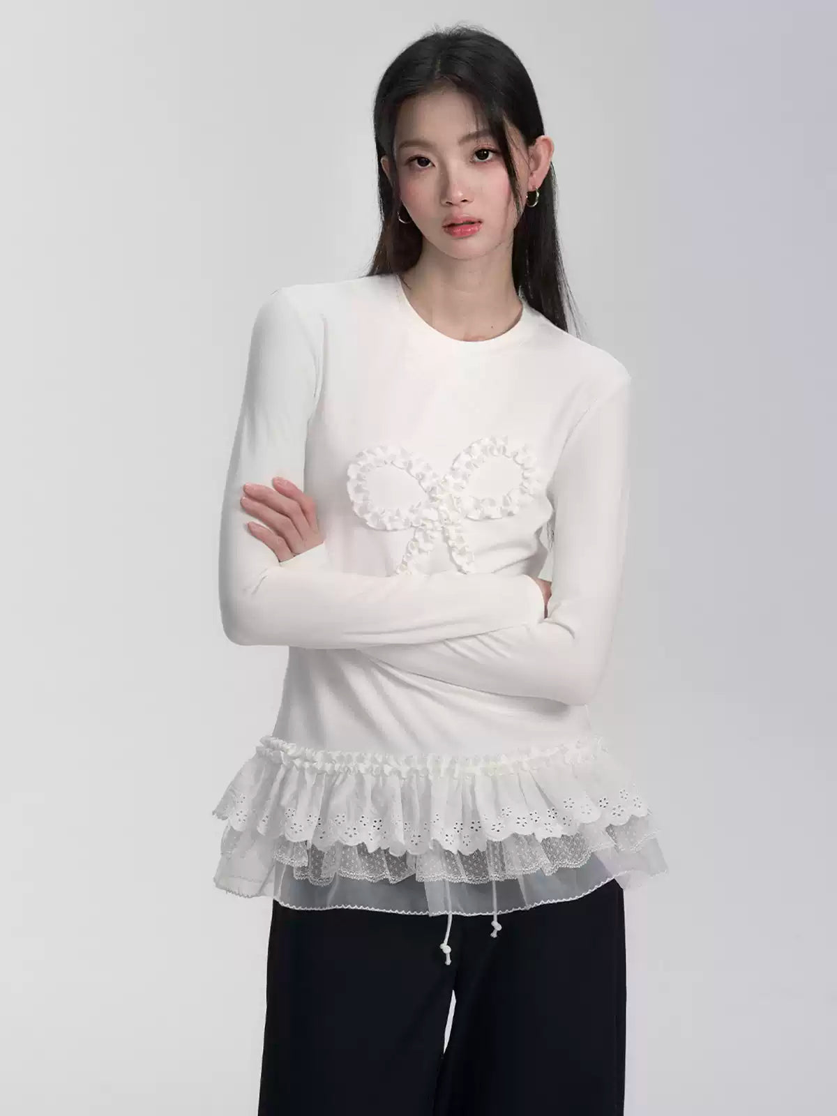 Lace Stitching Bow Design Top FRA0274