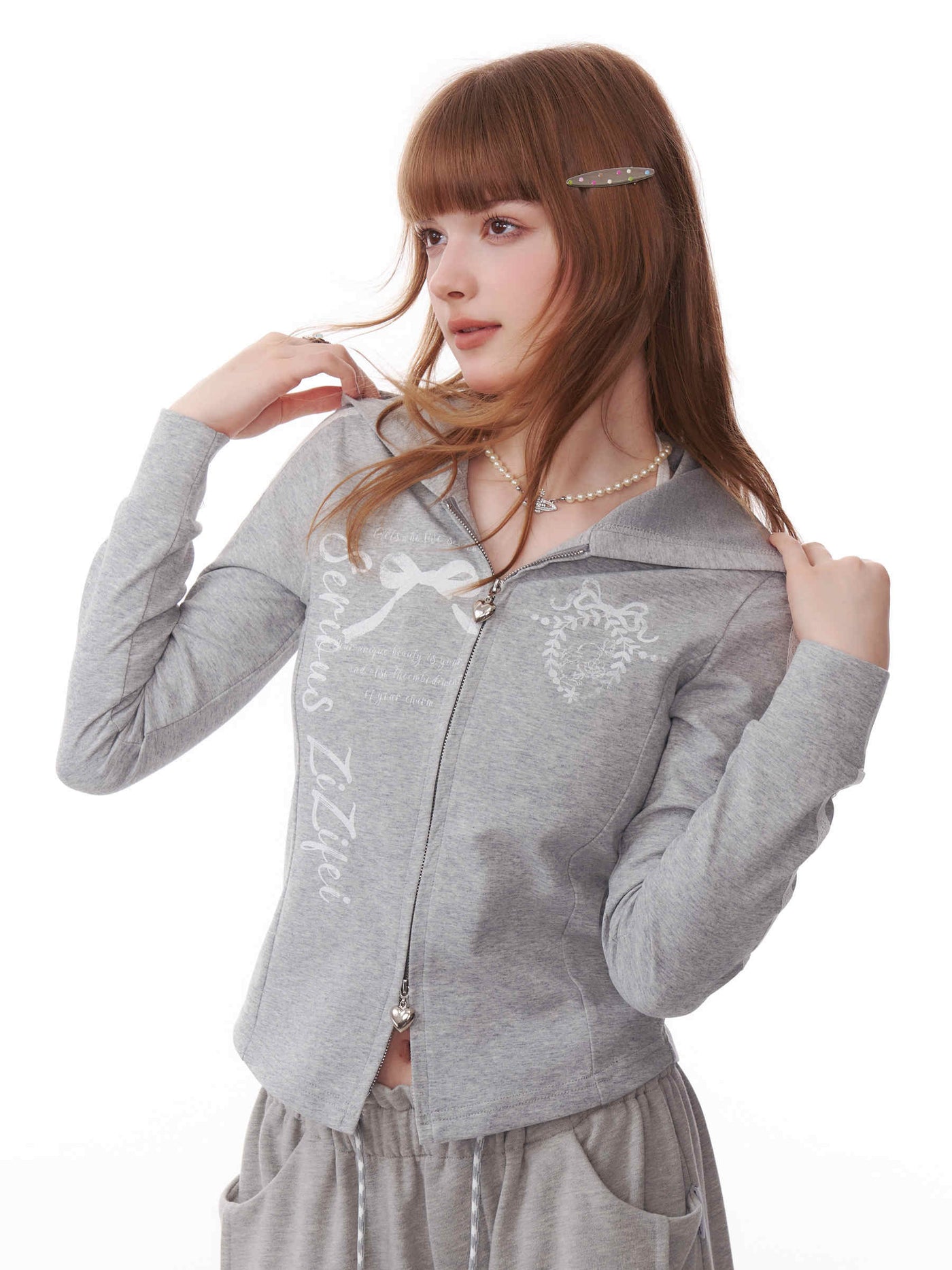 American Retro Print Double Zip Slim Hoodie Top ZIZ0167