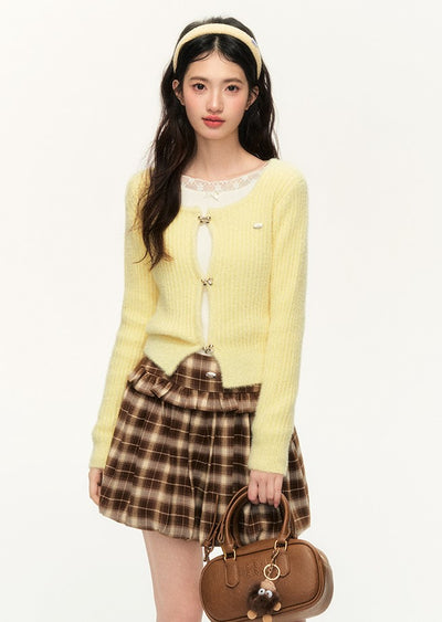 Cream Yellow Furry Square Collar Sweater Cardigan/Brown Skirt NTO0138