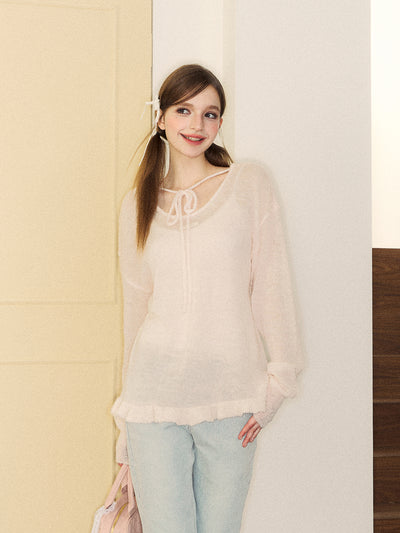 2-way ribbon strap design see-through knit top SPE0066