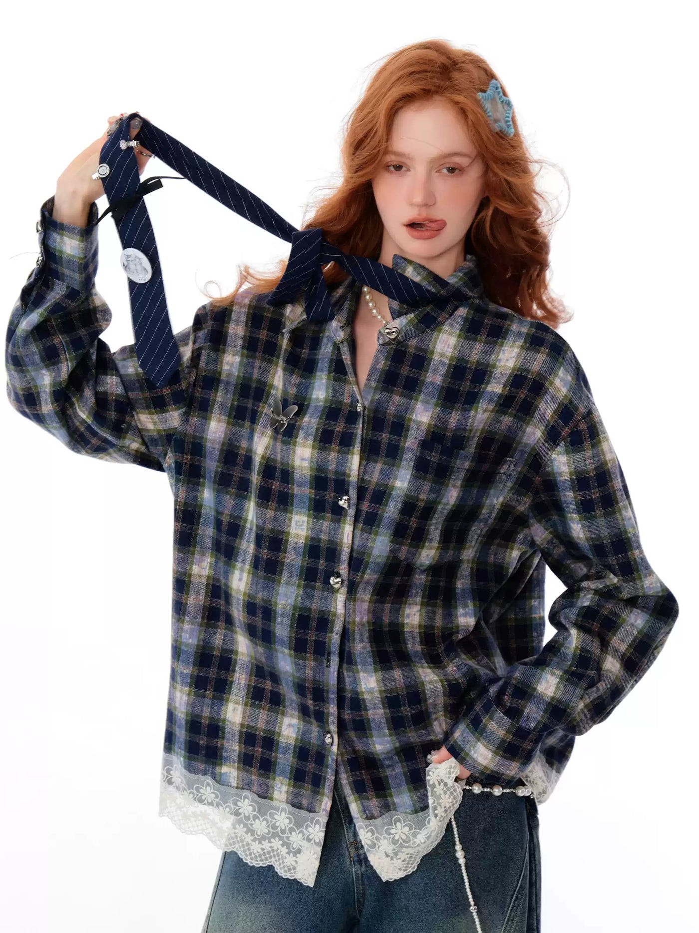 Lace Stitching Plaid Loose Shirt ZIZ0214