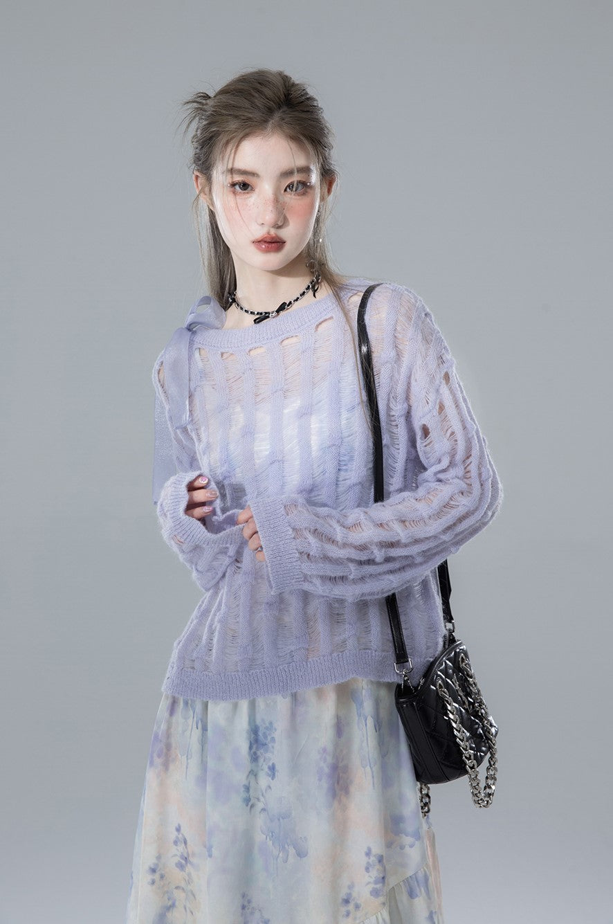 Blue Shoulder Hook And Loop Knit Sweater COT0145