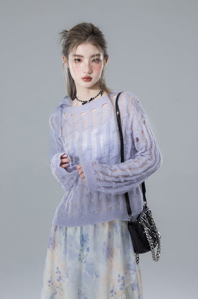 Blue Shoulder Hook And Loop Knit Sweater COT0145