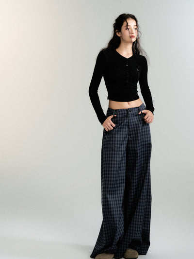 Checked wide-leg casual straight pants LUL0090