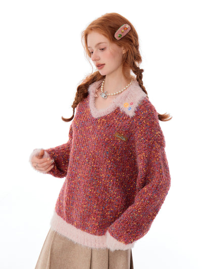 Christmas Mixed Color Wool Mix Polo V-Neck Knit Top ZIZ0203