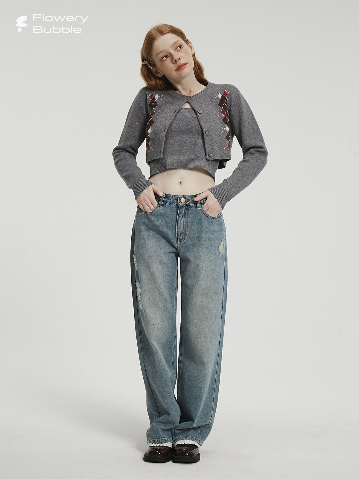 Argyle Pattern Short Length Cardigan & Inner Camisole & Leg Warmers FLO0017