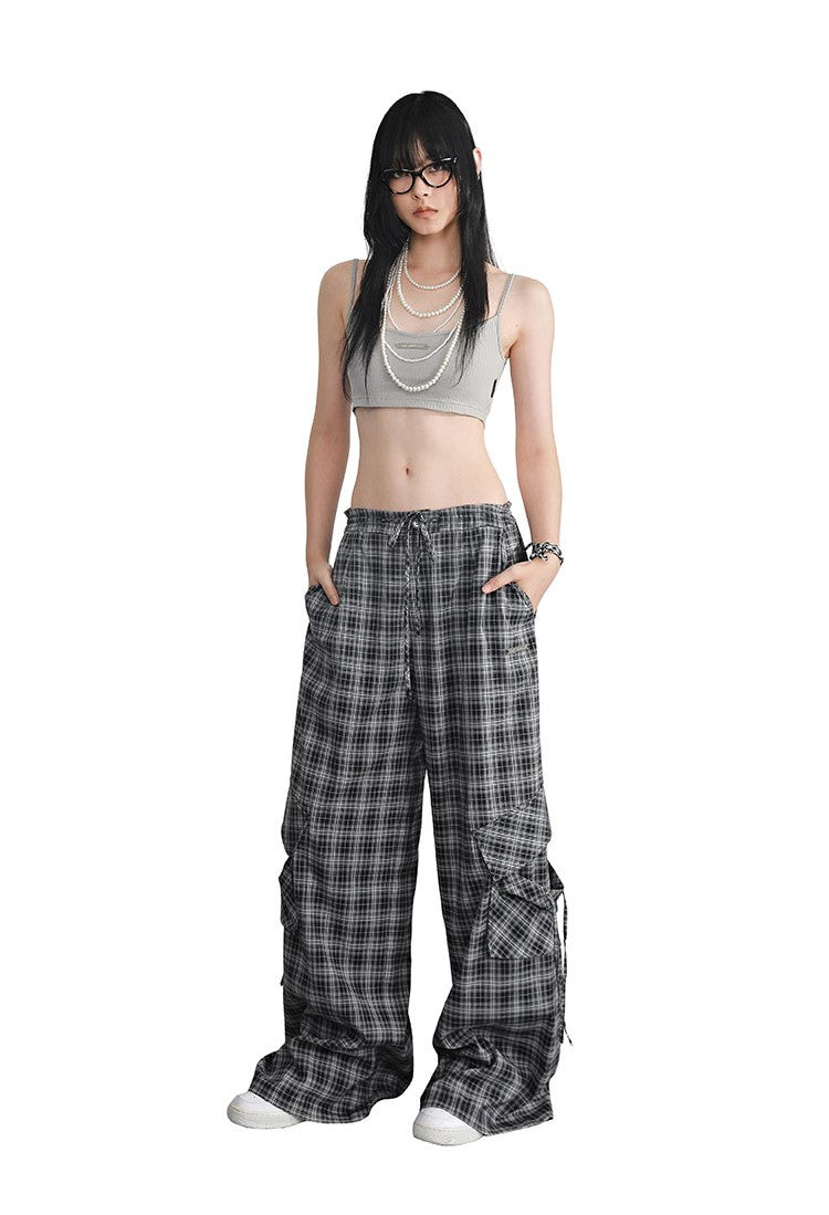 Dark Grey Plaid Low Waist Drawstring Loose Casual Pocket Pants ANY0068