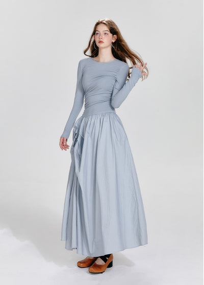 Ballet Style Round Neck High-end Irregular Pleated Long Sleeve Dress BOH0054