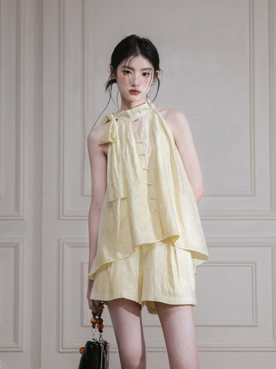 Light Yellow Halter Neck Shirt/Shorts COT0126