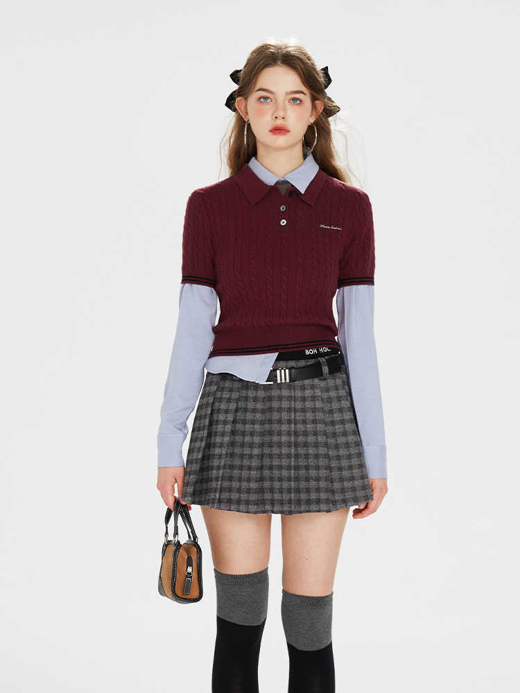 Wine red slim cable knit cardigan & polo knit short sleeve top BOH0074