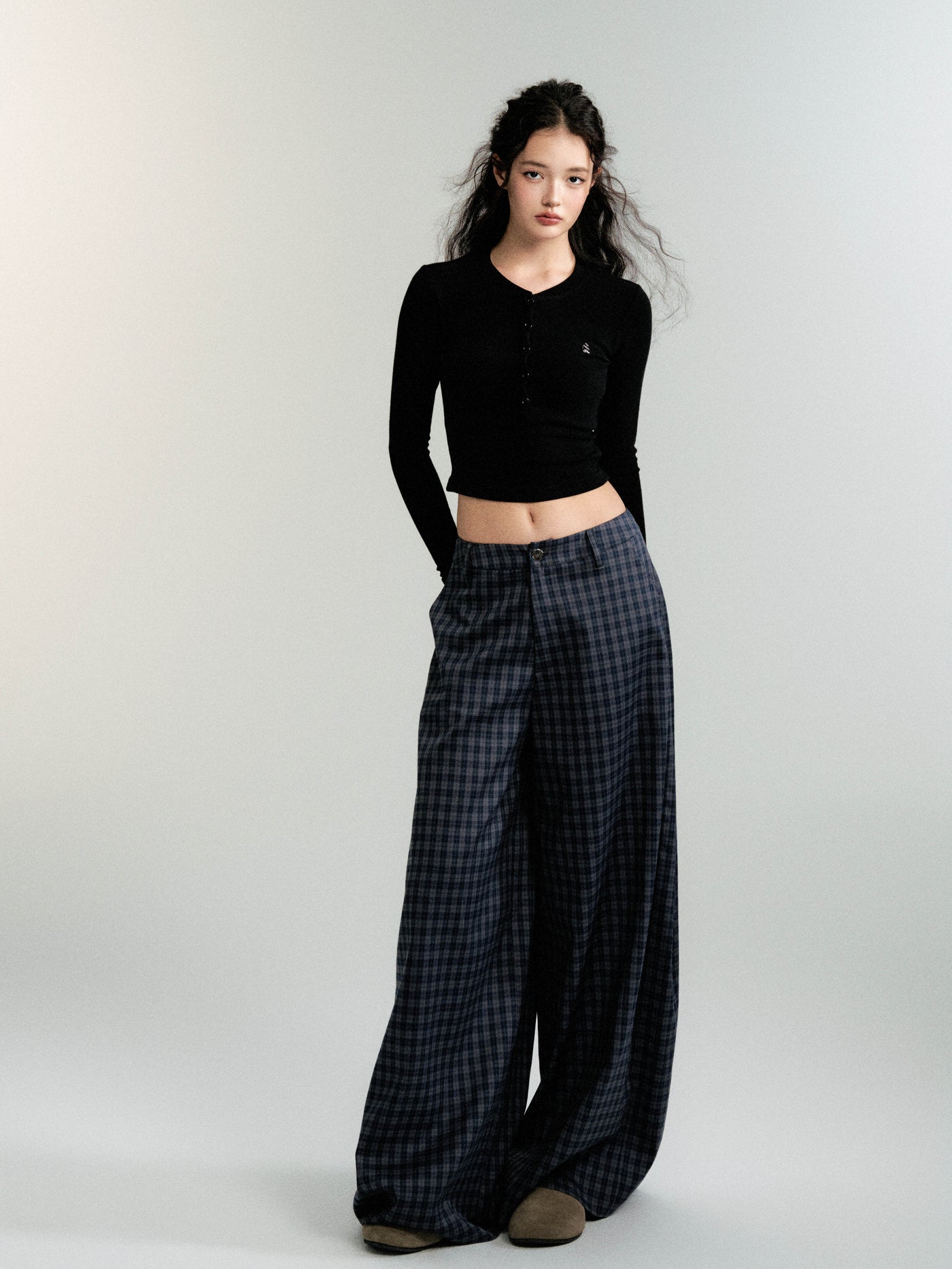 Checked wide-leg casual straight pants LUL0090