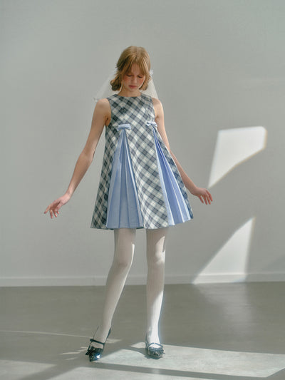 Light blue plaid pleated stitch A-line short dress UNO0009