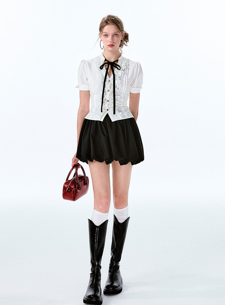 French Retro Bow Waist Shirt/Skirt BOH0049