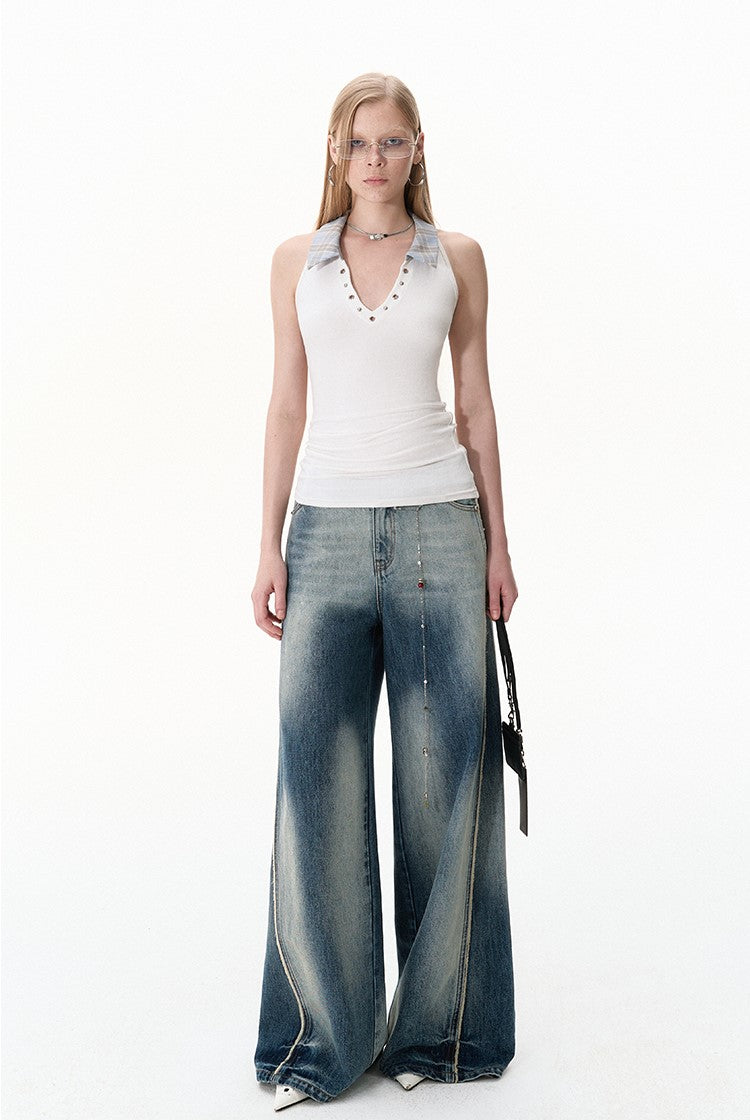 Contrast Loose Wide Leg Raw Edge Jeans BYW0022