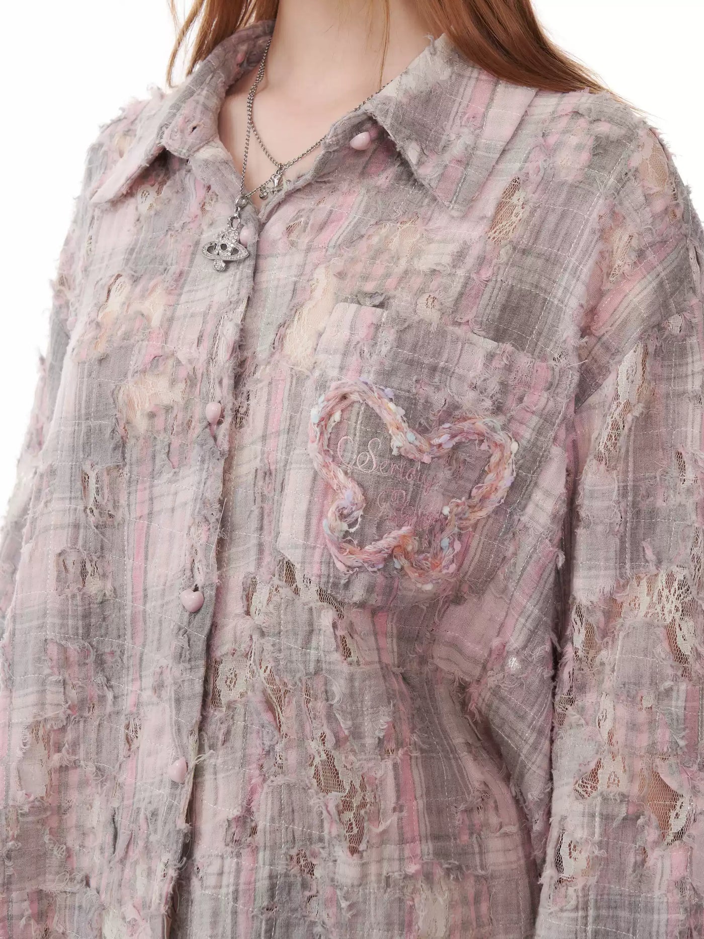 Butterfly Jacquard Pocket Damaged Plaid Loose Shirt ZIZ0161