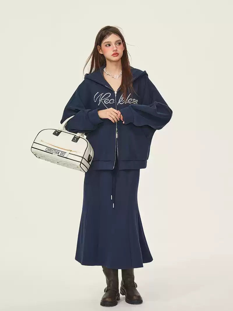 Double Zipper Plus Velvet Thickened Hooded Sweatshirt Jacket/Long Skirt GIF0075