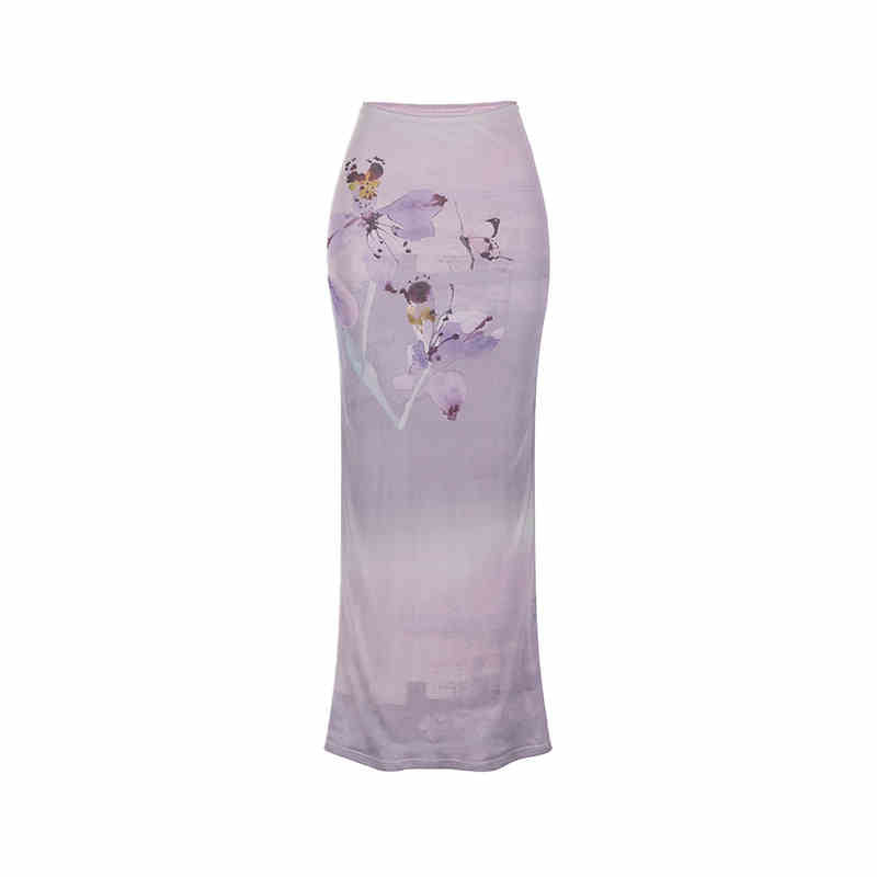 China Style Retro Print Back Open Top & Slit Long Skirt WOO0105