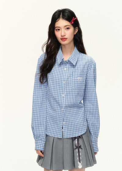 Multi-color Straight Shoulder Plaid Bow Embroidery Long-sleeved Shirt NTO0119