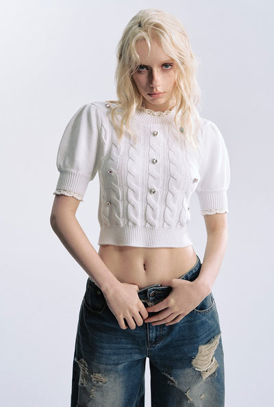 White Twisted Lace Collar Short-sleeved Sweater BYW0010