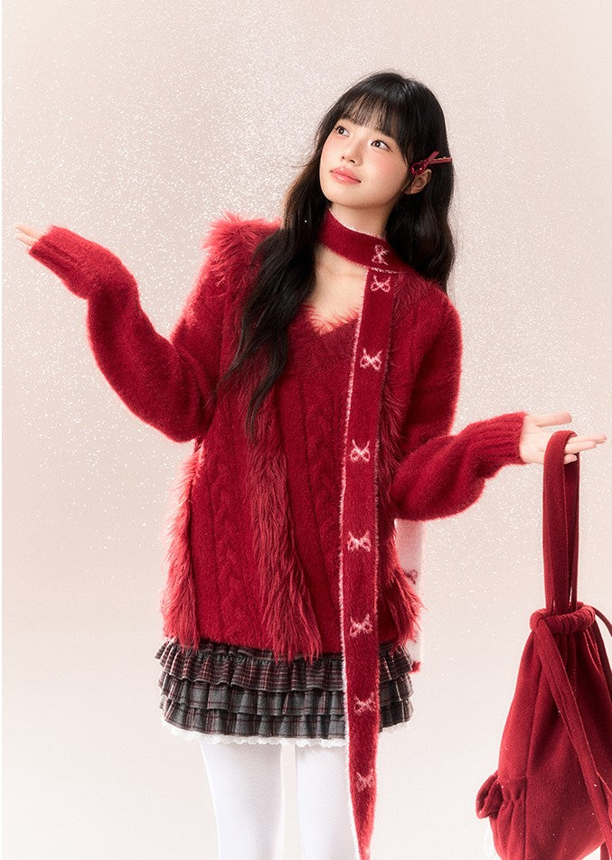 Red Bow Design V-Neck Cable Knit NTO0166