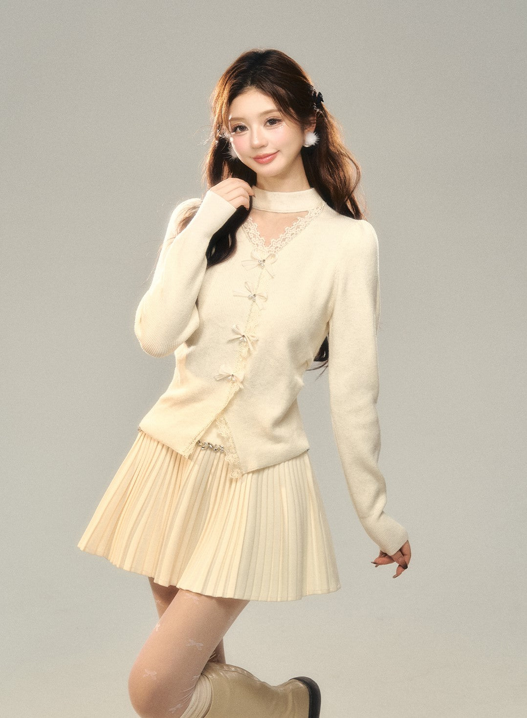 V-shaped Hollow Bow Knitted Cardigan BBB0136